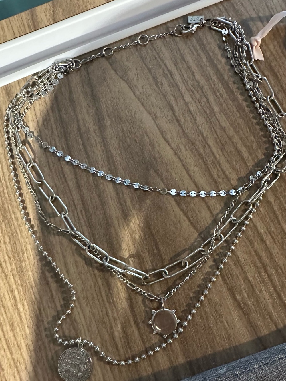 Sterling-Look Layered Silver Multi-Chain Necklace with Coin Charm